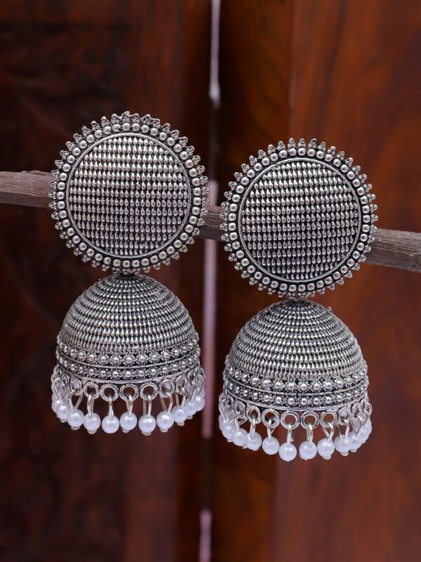 Oxidised Silver Mess Pattern Party Wear Jhumka Earrings for Women - Image 3