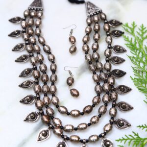 Oxidised Silver Multi Layer Necklace and Earrings Set for Women