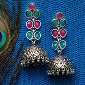 Oxidised Silver Multicolour Jhumka Earrings for Women