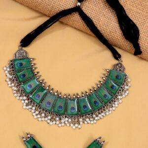 Oxidised Silver-Plated Elegant Designer Peacock Feather Style Jewellery Set With Earring Set