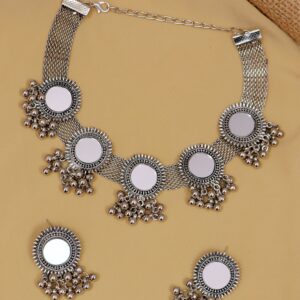 Oxidised Silver Plated Mirror Work Set Fashionable Jewelry for Women and Girls