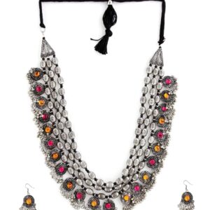 Oxidised Silver Plated Pink-Orange Crystal Bohemian Necklace Earrings Set