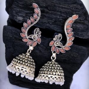Oxidised Silver Plated Pink Peacock Design Jhumka Earrings for Women