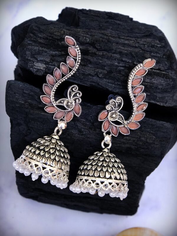 Oxidised Silver Plated Pink Peacock Design Jhumka Earrings for Women