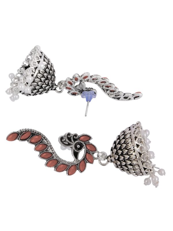 Oxidised Silver Plated Pink Peacock Design Jhumka Earrings for Women - Image 3