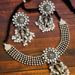 Oxidised Silver Plated Statement Elephant Shape Temple Necklace With Earrings Set