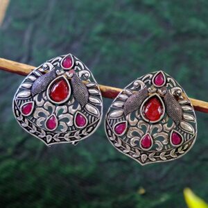 Oxidised Silver Plated Traditional Antique Peacock Stud Earrings for Women