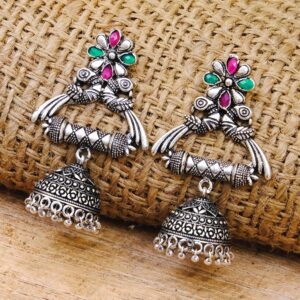 Oxidised Silver Plated crystal Studded Peacock Jhumka Earrings for Women Girls