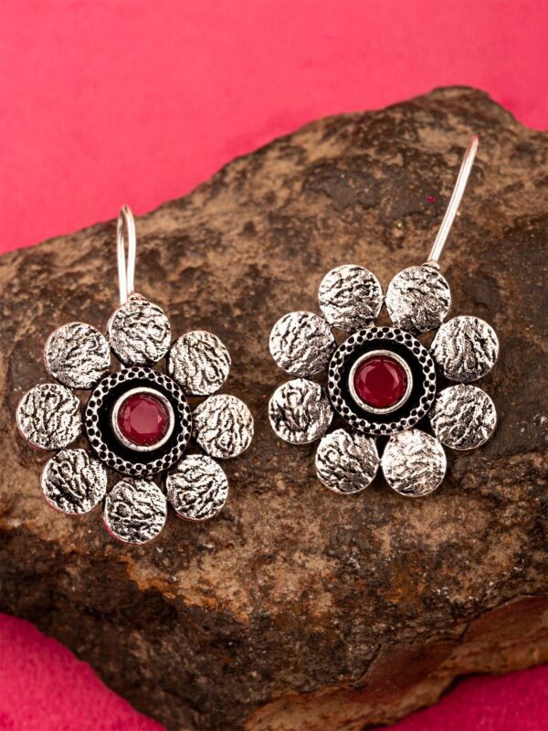 Oxidised Silver Red Flower Earrings For Women and Girls