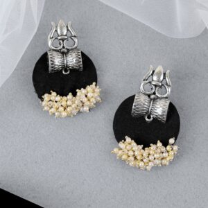 Oxidised Silver Shiva Trishul Design Black Fabric Stud Earring for Women