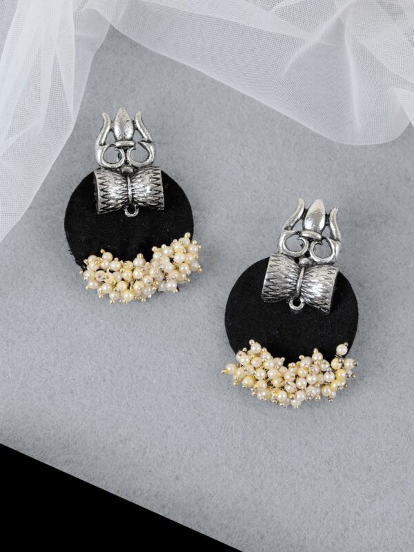 Oxidised Silver Shiva Trishul Design Black Fabric Stud Earring for Women