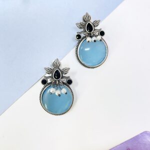 Oxidised Silver Sky-Blue Monalisa Stone Stud Earrings for office everyday Wear