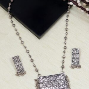 Oxidised Silver Square Long Necklace Set with Black Dori Necklace