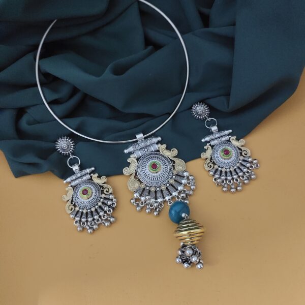 Oxidised Two Tone Hasli Necklace Earrings Set-1
