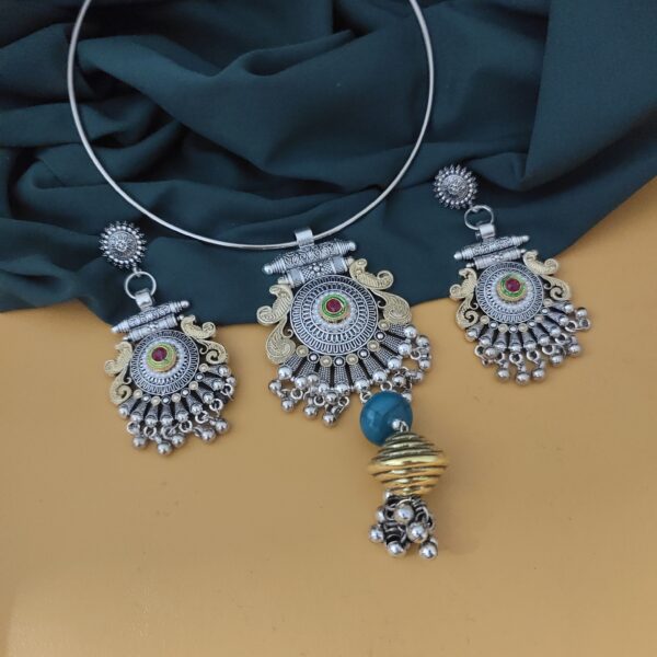 Oxidised Two Tone Hasli Necklace Earrings Set-1 - Image 2