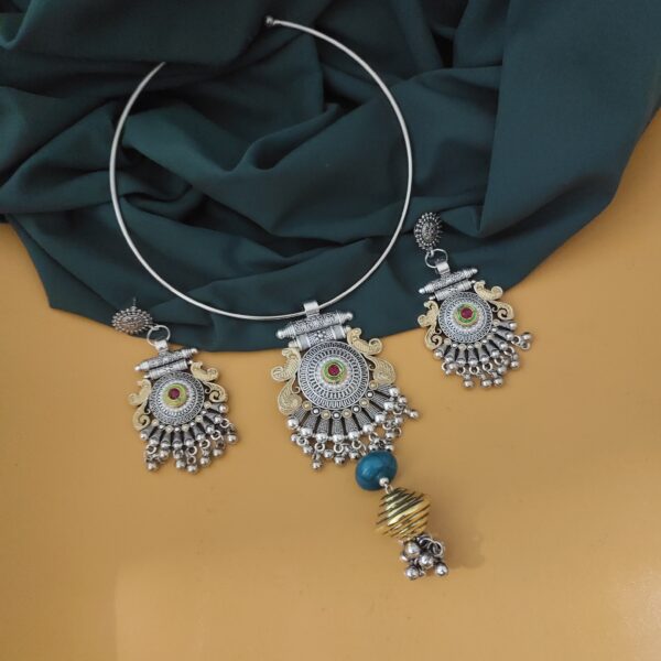 Oxidised Two Tone Hasli Necklace Earrings Set-1 - Image 3