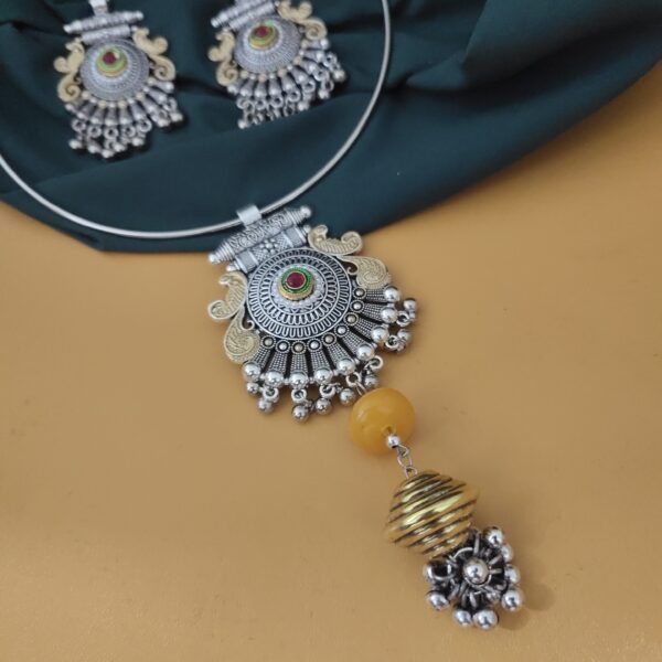 Oxidised Two Tone Hasli Necklace Earrings Set-1 - Image 4