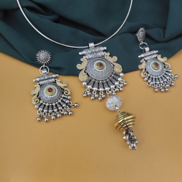 Oxidised Two Tone Hasli Necklace Earrings Set-1 - Image 6