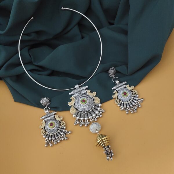 Oxidised Two Tone Hasli Necklace Earrings Set-1 - Image 7