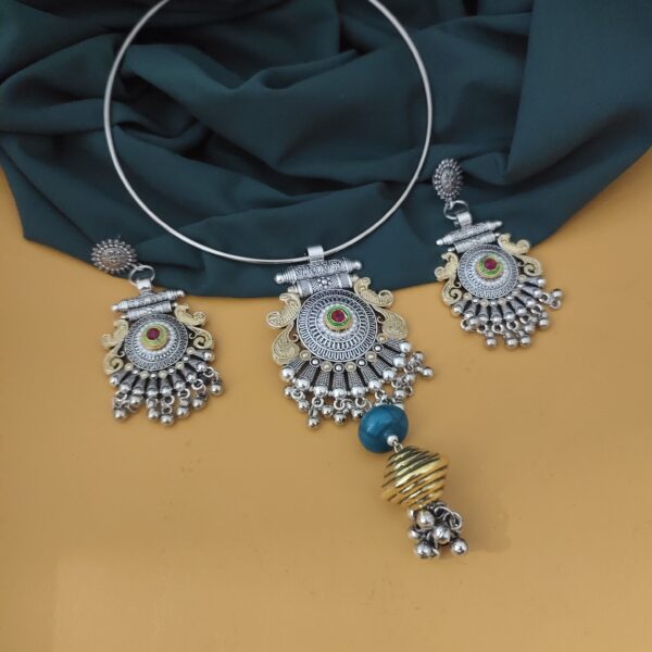 Oxidised Two Tone Hasli Necklace Earrings Set-1 - Image 8