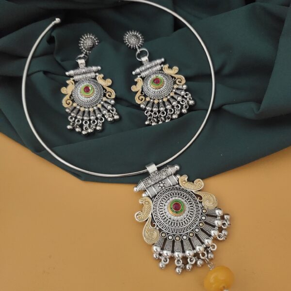 Oxidised Two Tone Hasli Necklace Earrings Set-1 - Image 9
