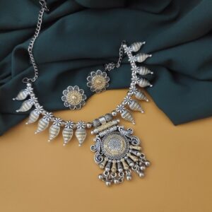 Oxidised Two tone Choker Necklace Earrings Set