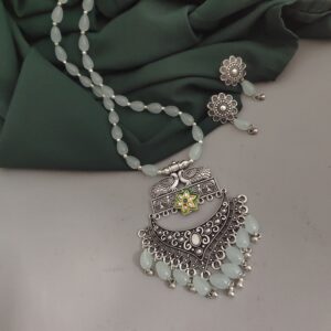 Oxidsed Glass Beads Long Necklace Earrings Set