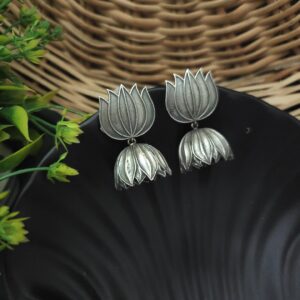 PADMA Silver Replica Lotus Jhumka Earrings