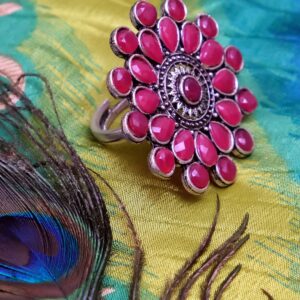 Pink Crystal Oasis - Oxidised Silver Floral Ring for Everyday Chic