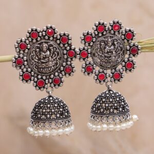 Pink Crystal Oxidised Silver Long Jhumka Earrings for Women & Girls