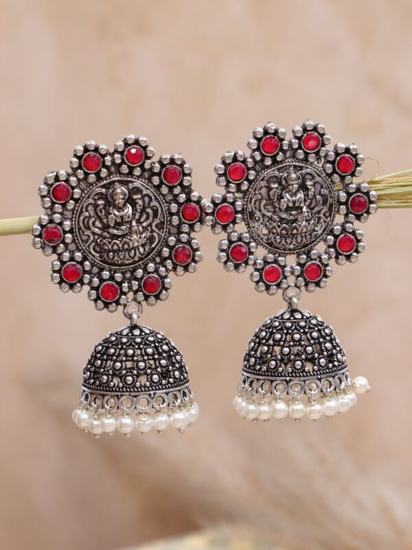 Pink Crystal Oxidised Silver Long Jhumka Earrings for Women & Girls