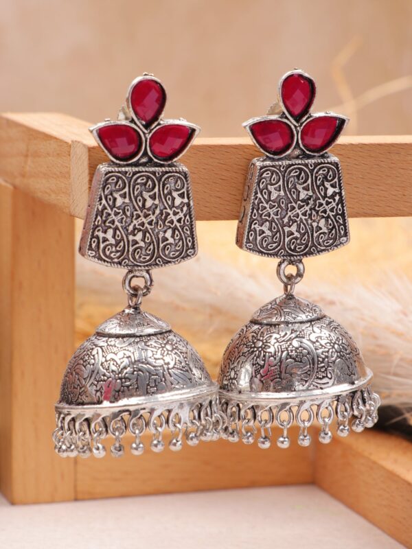 Pink Crystal Oxidised Silver Long Jhumka Earrings for Women & Girls - Image 2