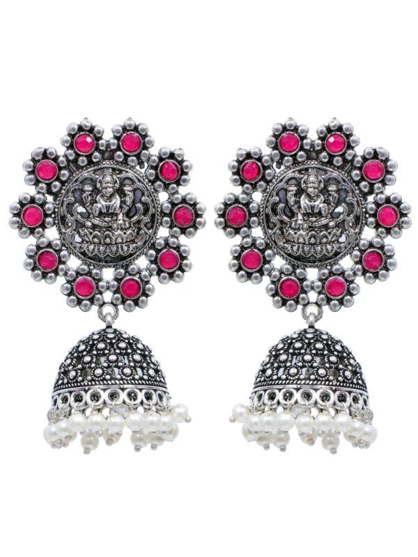 Pink Crystal Oxidised Silver Long Jhumka Earrings for Women & Girls - Image 3