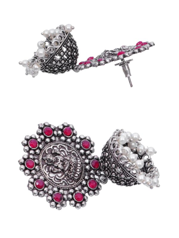 Pink Crystal Oxidised Silver Long Jhumka Earrings for Women & Girls - Image 4
