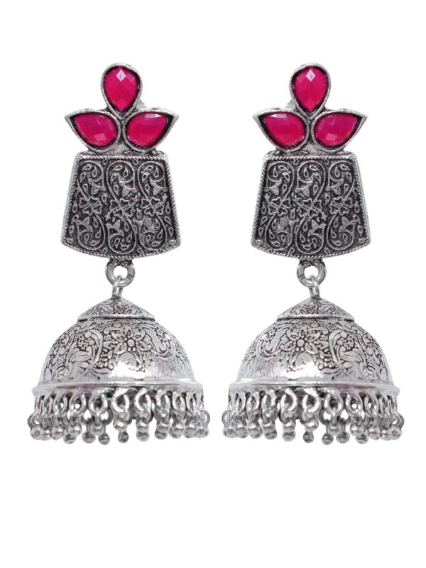 Pink Crystal Oxidised Silver Long Jhumka Earrings for Women & Girls - Image 5