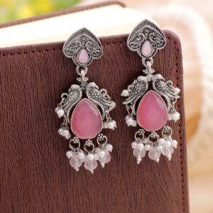 Pink Drop Oxidised Silver Earrings with for Girls & Women