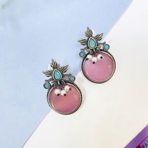 Pink Monalisa Stone Oxidised Silver Everyday Stud Earrings for Women