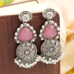 Pink Stone Studded Oxidised Silver Earrings for Girls