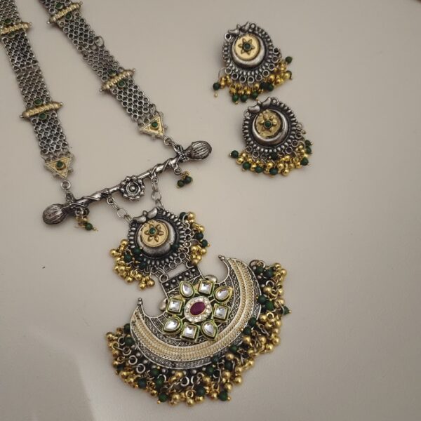 RYNA Oxidised Two Tone Necklace Earrings Set