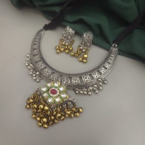 SIYA Oxidised Two tone Hasli Necklace Set