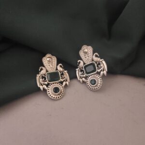 Silver Lookalike Monalisa Stone Stud Earrings-Green