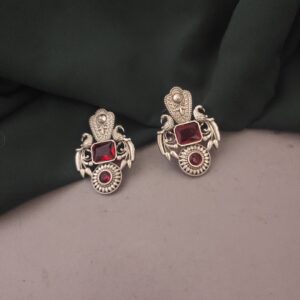 Silver Lookalike Monalisa Stone Stud Earrings-Red