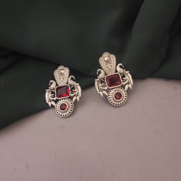 Silver Lookalike Monalisa Stone Stud Earrings-Red