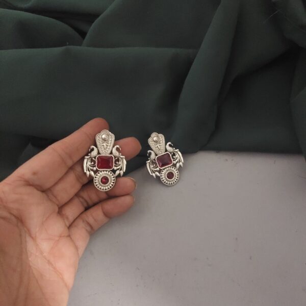 Silver Lookalike Monalisa Stone Stud Earrings-Red - Image 2