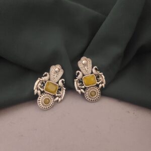 Silver Lookalike Monalisa Stone Stud Earrings-Yellow
