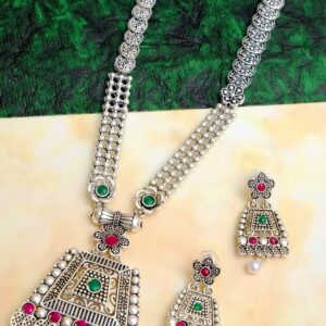 Traditional Oxidised Silver Long Classic Square Designer Necklace With Earring Set