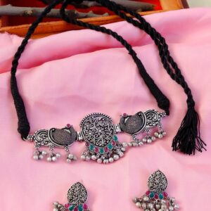 Traditional Oxidised Silver Multicolor Peacock Design Necklace Set With Earrings for Women