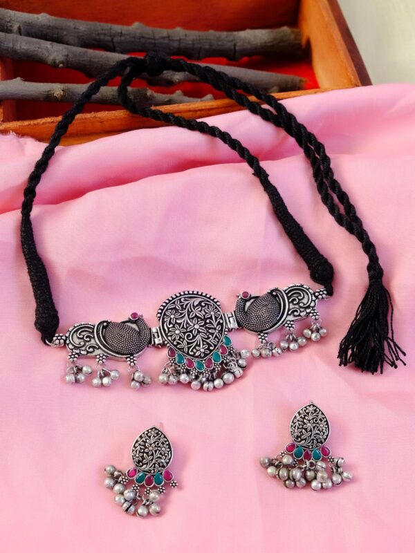 Traditional Oxidised Silver Multicolor Peacock Design Necklace Set With Earrings for Women