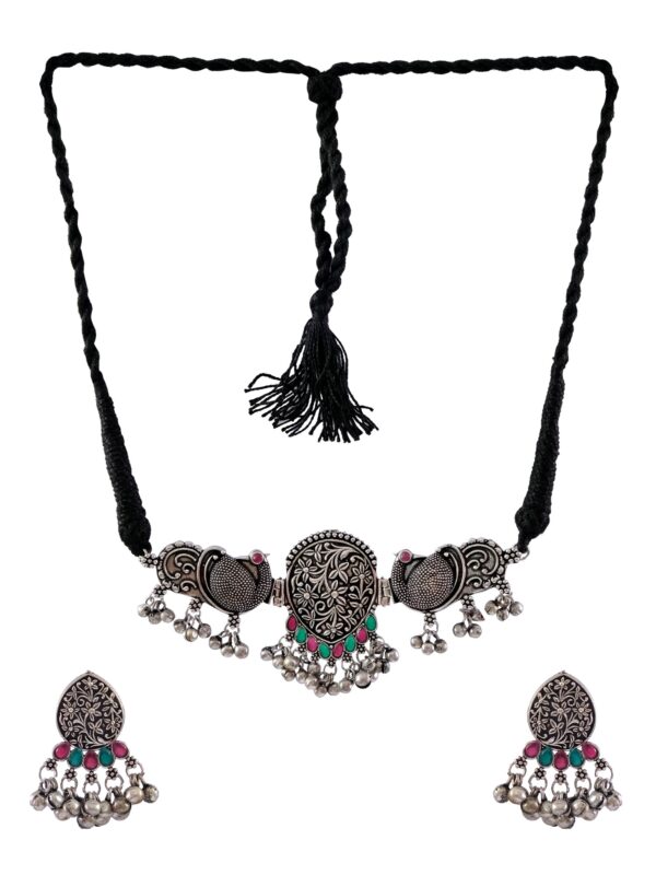 Traditional Oxidised Silver Multicolor Peacock Design Necklace Set With Earrings for Women - Image 2