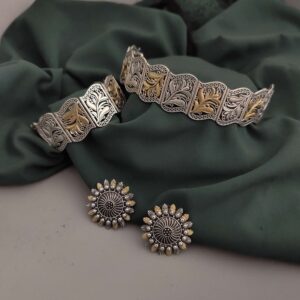 Two tone Oxidized choker necklace earrings set with adjustable Bracelet